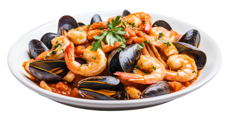 Sautéed seafood with shrimp and mussels in tomato sauce, on a white plate isolated against a transparent background.