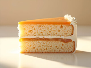 Slice of caramel layered cake with chocolate topping and syrup, isolated on white. Generative AI