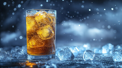 tall glass filled with refreshing drink and ice cubes, glistening in light