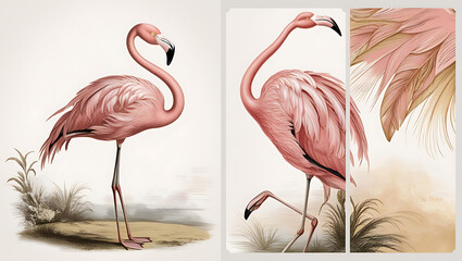 Naklejka premium Engraved vector art of flamingo birds in an old-fashioned vintage style collection