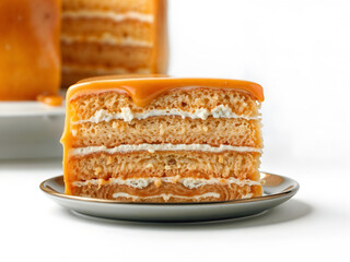 Slice of caramel layered cake with chocolate topping and syrup, isolated on white. Generative AI