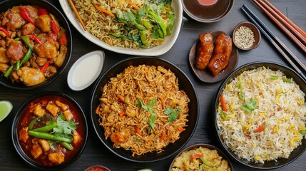 Assorted indo-chinese cuisine featuring chicken schezwan hakka noodles, vegetable fried rice, spicy chicken manchurian, egg american chop suey, and hot soup served with spoon and chopsticks on rustic 