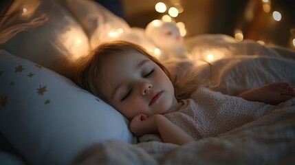 A small sleeping child looks peaceful with soft glowing lights