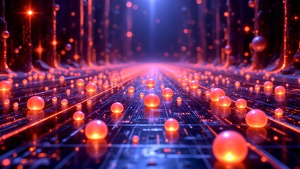 Futuristic digital landscape with glowing orange spheres on a circuit board, illuminated by vibrant neon lights in a deep blue and purple environment.
