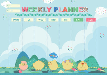 Vector kids schedule with cartoon animals and cute elements. Pastel weekly calendar planner template with cute chicken pattern background. Vector illustration. Blue background.
