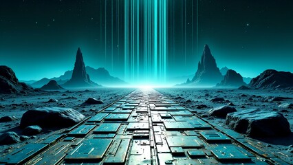 A futuristic, glowing pathway leads through a surreal, rocky landscape under a starry sky with vertical beams of light in the distance.