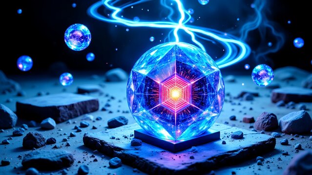 A glowing, futuristic geometric orb emits blue energy beams amidst floating spheres on a rocky surface in a sci-fi, cosmic environment.