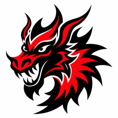 A fiery red dragon head tattoo design, illustrating a tribal fantasy symbol with black silhouette patterns and decorative flames