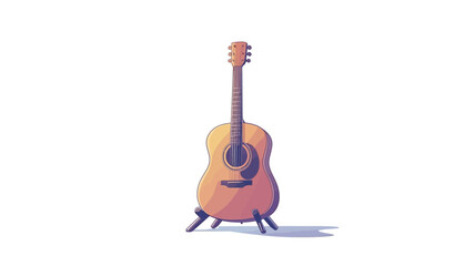 Naklejka premium A digital illustration of an acoustic guitar on a simple stand against a white background. The guitar is depicted in a stylized, slightly cartoonish manner with a gradient of warm orange and brown