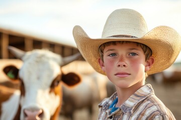 A man wearing a cowboy hat and vest stands in front of a herd of cows