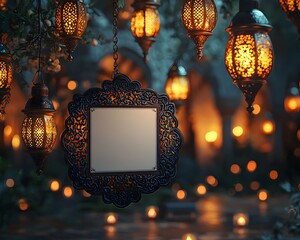 Ornate Eid lanterns frame a blank gift card with a mosque silhouette