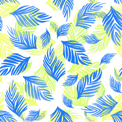 seamless pattern with tropical palm leaves in vivid blue and lime green colors. Perfect for summer-themed textile design, wallpapers, wrapping paper,seamless pattern with flio colour leaves