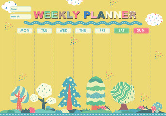 Vector kids schedule with nursery forest and cute elements. Pastel weekly calendar planner template with cute trees pattern background. Vector illustration. Yellow background.