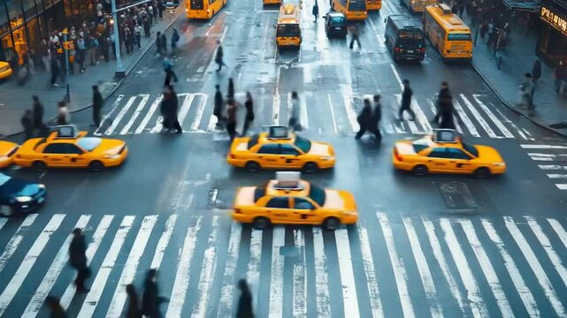 NYC Street with Yellow Cab, Rush Hour, Traffic, and City.