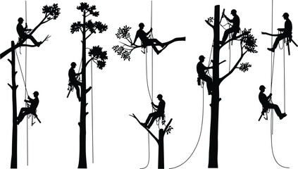 Tree climbing arborist silhouette vector, tree cutting worker clipart, pruning illustration set, arbor work graphic, rope climbing man design, safety gear icons