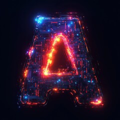 Letter A with intricate glowing circuit board details on dark background