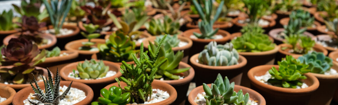 Succulents in terracotta clay and concrete pots. Collection of potted plants. Banner - Powered by Adobe