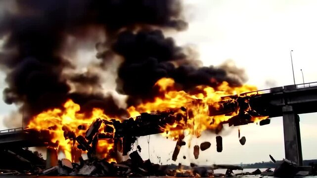 Wide shot of a large concrete bridge exploding and collapsing in flames and black smoke