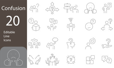 Confusion Editable Line Icons Set. uncertain, lost, unclear, misunderstand, hesitation, ambiguity, and more. Vector illuatration