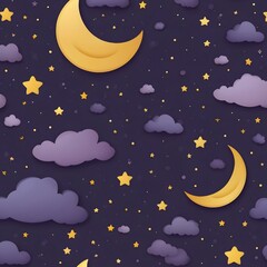 Fototapeta premium Night Sky Illustration with Moons Clouds and Stars in Dark Purple and Yellow Colors