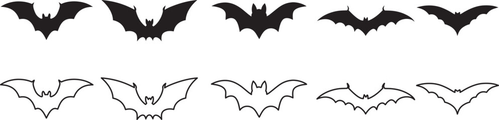 Halloween bat and bats silhouette, Bat icon, set of halloween bats vector illustration on a white background
