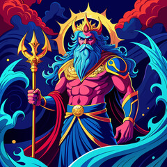 A powerful and muscular Greek god of the sea, beautiful eyelighting , with long flowing blue hair and beard, wearing a golden crown with horns and ancient Greek robe in dark blue and red. Holding a gl