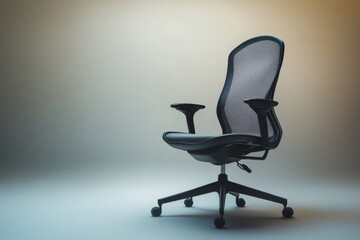 Ergonomic office chair with a mesh design, positioned on a smooth surface, showcasing modern workplace furniture aesthetics.