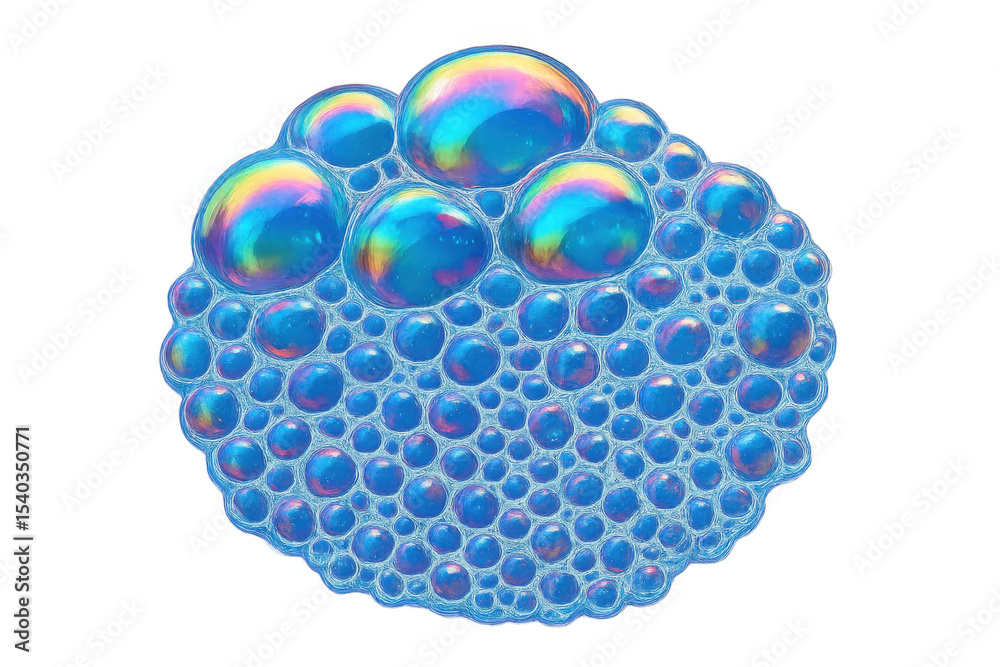 Poster cluster of iridescent soap bubbles forming a foam on a transparent background, creating a light and 