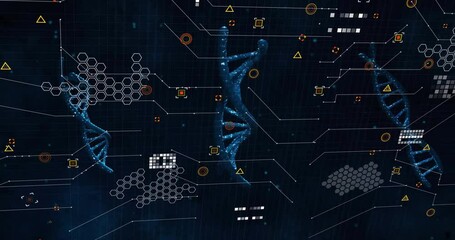 Upon start glowing blue helix floating, fading in twin strands as data clusters analyzing molecules - Powered by Adobe