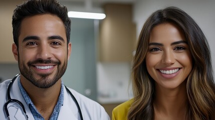 Fototapeta premium Smiling doctor and a woman stand closely together indoors with the doctor wearing a white coat and stethoscope!
