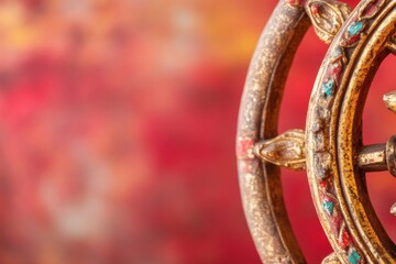 A wheel with a green, red, and yellow design., with ample copy space.
