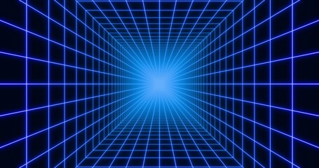 Futuristic glowing neon wireframe background. Shining grid inside square pipe in perspective. Bright retro digital vanishing point. 3D rendering.
