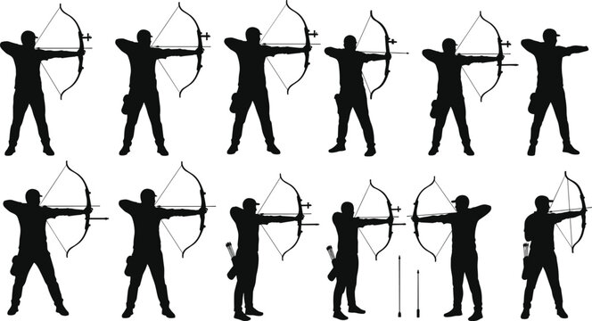Silhouette archers aiming bow and arrow, vector illustration set, archery sport icons, man with compound bow, professional shooter pose, 