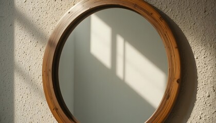 Macro view of a round mirror with a wooden frame, sunlit wall reflection, natural color palette