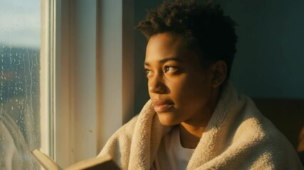 Young black woman reading a book while wrapped in a blanket by window  