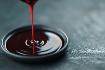 A small amount of red liquid is dripping from a container into a black bowl