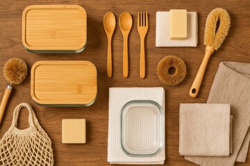 Sustainable Kitchen Essentials on Wooden Surface
