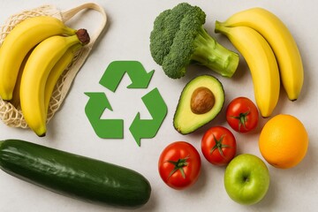 Fresh Fruits with Recycle Symbol on Background
