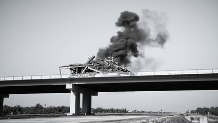 High-contrast image of a partially destroyed bridge, supported by concrete pillars, with smoke and debris against a stark sky. No people visible.
