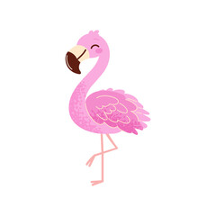 Beautiful pink flamingo isolated on white background. Summer illustration of cute flamingo in simple childish style