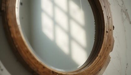 Macro view of a round mirror with a wooden frame, sunlit wall reflection, natural color palette