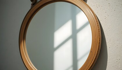 Macro view of a round mirror with a wooden frame, sunlit wall reflection, natural color palette