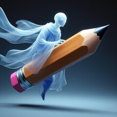 Surreal digital scene of a ghostly, faceless figure in flowing robes riding a wooden pencil through a moody blue-black sky. Cool, mystical tones and creative energy.
