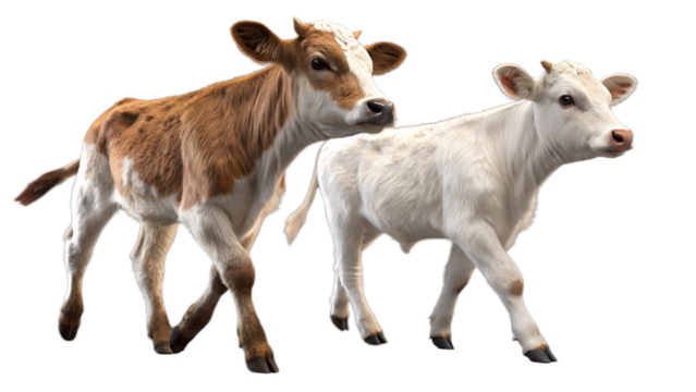 Two calves walking isolated on transparent background