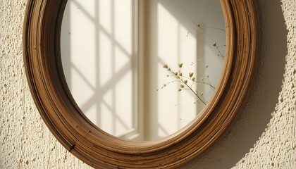 Macro view of a round mirror with a wooden frame, sunlit wall reflection, natural color palette