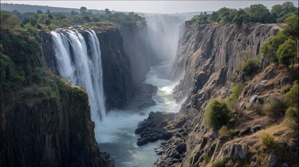 Fototapeta premium victoria falls flowing through rocky gorge in zambia with mist and sunlight