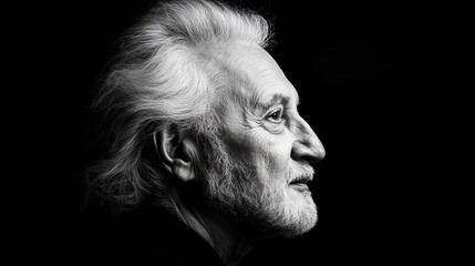 Older man is shown in a striking profile portrait against a stark black background, highlighting his textured skin and flowing white hair.