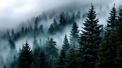 Misty coniferous forest shrouded in dense fog with a vintage aesthetic, where towering trees emerge from the haze, bathed in soft, muted light.