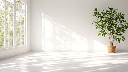 Bright White Room Interior with Large Window Plant and Soft Shadows Creates a Minimalist Atmosphere and Modern Aesthetic