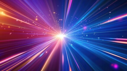 Naklejka premium Vibrant Burst of Light Rays and Colorful Particles with Starry Background in Motion Creating a Dynamic and Energetic Atmosphere